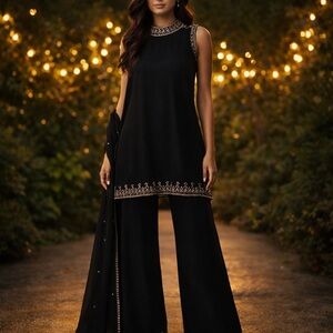 🖤Punjabi 3-Piece Black Beaded Formal Set | Tunic + Pants + Wrap | Size M✨